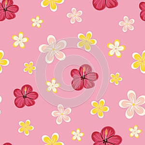 Vector illustration of bright plumeria tropical flowers seamless repeat pattern on a pink background.