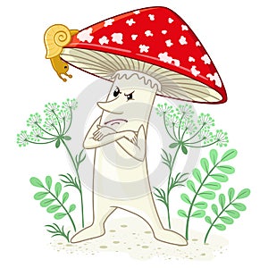 Vector illustration Bright red Spiteful fly agaric. Emotional character in a cartoon style. Poisonous mushroom, danger