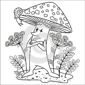 Vector illustration Bright red Spiteful fly agaric. Emotional character in a cartoon style. Poisonous mushroom, danger