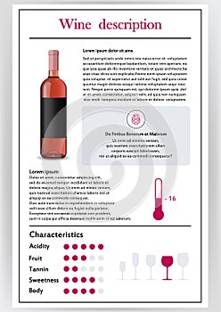 Vector illustration.Brochure,form describing the characteristics of pink wine.Feed temperature,brief description,history