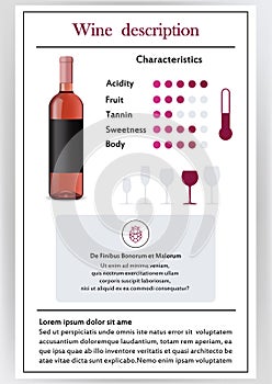 Vector illustration.Brochure,form describing the characteristics of pink wine.Feed temperature,brief description,history