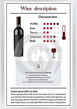 Vector illustration.Brochure,form describing the characteristics of red wine.Feed temperature,brief description,history photo