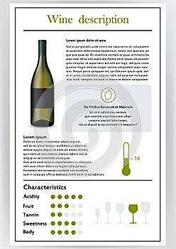 Vector illustration.Brochure,form describing characteristics of white wine.Feed temperature,brief description,history of
