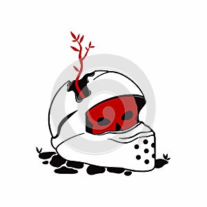 Vector illustration of a broken helmet. A motorcyclist`s helmet with a hole through which a plant sprouts.