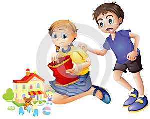 Vector illustration of brother and sister fighting and brother thumped on back.