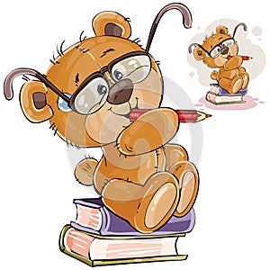 Vector illustration of a brown teddy bear with eyeglasses sits on a pile of books with a pencil in his paws and thinks