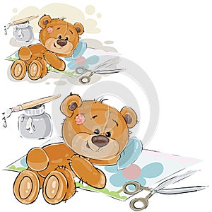 Vector illustration of a brown teddy bear glues a scrapbook applique, handmade