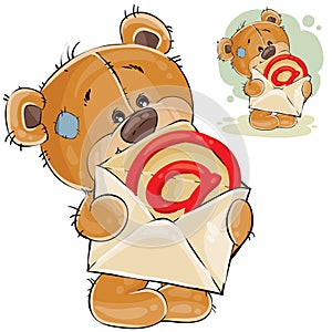 Vector illustration of a brown teddy bear holding in its paws an open postal envelope with an e-mail sign