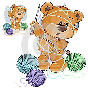 Vector illustration of a brown teddy bear holding a knitting needle in its paw and tangled in threads