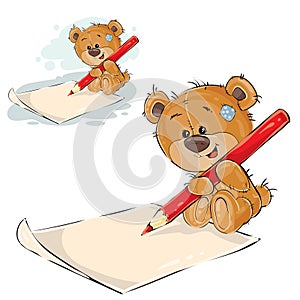 Vector illustration of a brown teddy bear holding a pencil in his paws and writing it on a paper