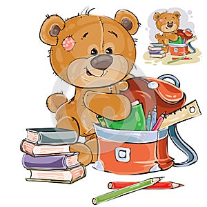 Vector illustration of a brown teddy bear holds books and pencils in a school satchel.