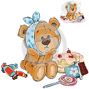 Vector illustration of a brown teddy bear sweet tooth ate a lot of sweets and now he has a toothache photo