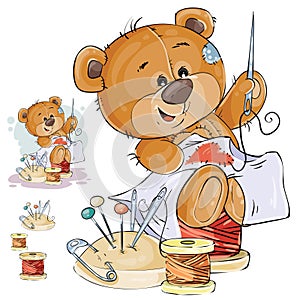 Vector illustration of a brown teddy bear tailor sews a red patch in the shape of a heart