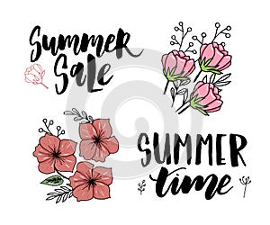 Vector illustration: Brush lettering composition of Summer Vacation slogan Hello summer Sale Set