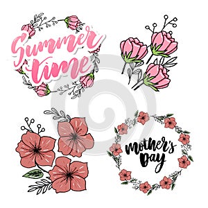 Vector illustration: Brush lettering flowers composition of Summer Vacation isolated on white background slogan set