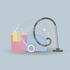Vector illustration, a bucket of foam, a vacuum cleaner