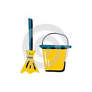 Vector illustration with bucket and mop isolated on white background