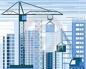 Vector illustration of buildings constructions site and cranes. skyscraper under construction. excavator, tipper at sky