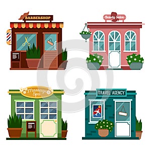 Vector illustration of buildings that are shops for services. Set of nice flat shops. Different Showcases - Beauty salon