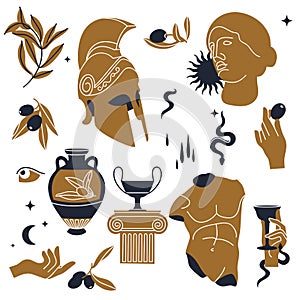 Vector illustration of bundle antique signs and symbols - statues, olive branch, amphora, column, helmet. Ancient greek