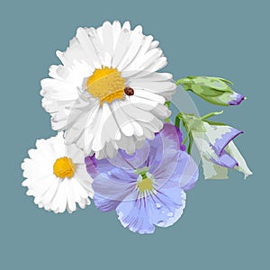 Vector illustration. Buquet of daisy, pansies with ladybug