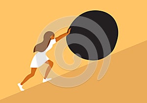 Vector illustration of burden or effort with unhappy sad woman pushing big stone up to mountain