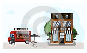 Vector illustration of a burger joint. Facade of a fast food restaurant with tables and delivery. Cartoon building in