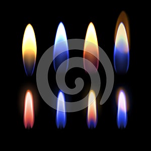 Vector illustration of burning flame of gas, zinc, potassium, strontium, sodium, and copper on black background