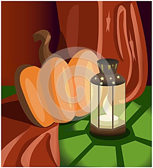 Vector illustration with burning lamp and pumpkin, on background of dark red drapery.