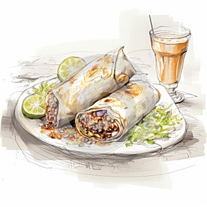 Vector Illustration Of Burrito With Salsa And Lime On Plate photo