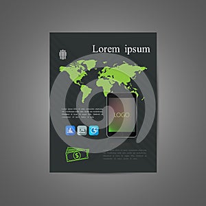 vector illustration of business brochure or flyer template design with world map, tablet computer and flat icons. infographics