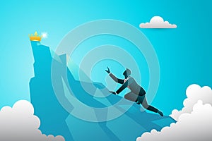 Vector illustration of business concept, businessman climbing toward peak of mountain by crawling try to reach golden crown