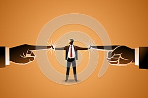 Vector illustration of business concept, a businessman resisting pressure from two pointing giant hand