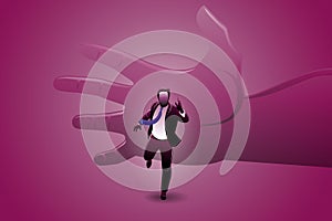 Vector illustration of business concept, businessman run chased by big hand
