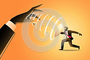 Vector illustration of business concept, businessman with shield parried hypnotic from giant evil hand