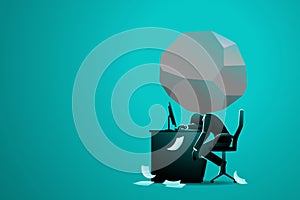 Vector illustration of business concept, businessman sitting in computer desk with big boulder on his nape