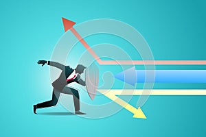 Vector illustration of business concept, a businessman use shield parry colorful arrow attack