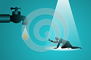 Vector illustration of business concept, helpless businessman struggling reach money dropped from faucet