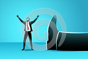 Vector illustration of business concept, a small businessman standing with his arms up near a giant leg lying near him