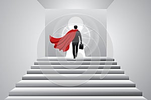 Vector illustration of business concept, superhero businessman carrying suitcase walking up stairs to big keyhole