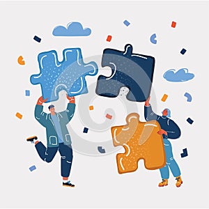 Vector illustration of Business concept. Team metaphor. People connecting puzzle elements. Teamwork, cooperation