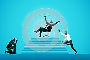 Vector illustration of business concept, two businessman kneel down before their leader at the top of upstairs