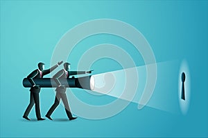 Vector illustration of business concept, two businessmen holding a giant flashlight finding keyhole