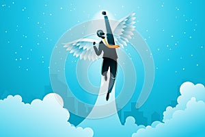 Vector illustration of business concept, a winged businessman blast off into the sky on buildings background