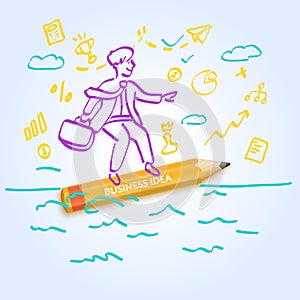 Vector illustration of a business idea with a pencil and a businessman moving through the waves