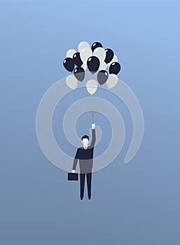 Vector illustration of a business man flying up with balloons