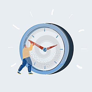 Vector illustration of Business man hangs on an arrow of giant clock. Character try to stop or turn back time on white