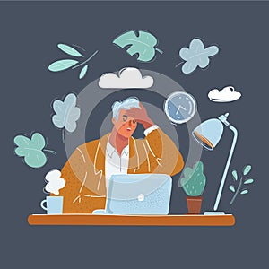 Vector illustration of business man tiered and sick in office. Female character sitting at desk and laptop on white