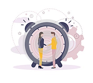 Vector illustration. Business meeting, negotiations. People make a deal. Clock and people.