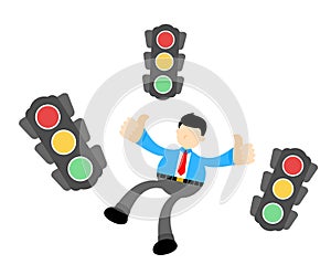 Vector illustration business people give a thumbs up and traffic light flat design cartoon style